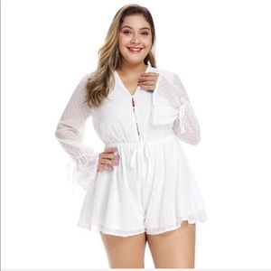 Plus Size White Swiss Dot Long Full Sleeve Romper